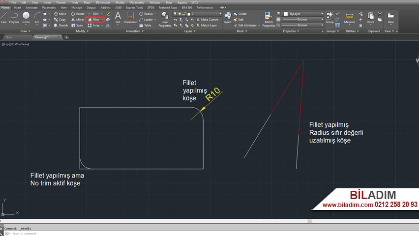 Autocad fillet komutu yuvarlatma komutu nasıl çalışır kısa yolu nedir